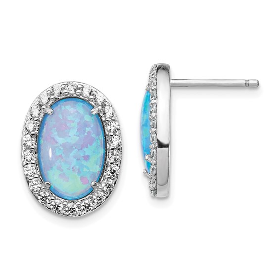 Cheryl M Sterling Silver Rhodium-plated Cabochon Lab Created Blue Opal and Brilliant-cut CZ Oval Post Earrings