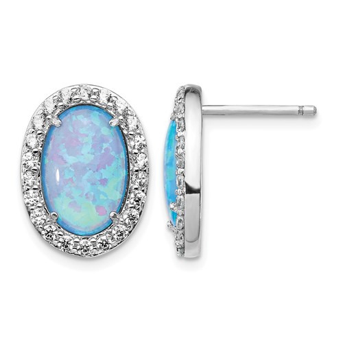 Cheryl M Sterling Silver Rhodium-plated Cabochon Lab Created Blue Opal and Brilliant-cut CZ Oval Post Earrings