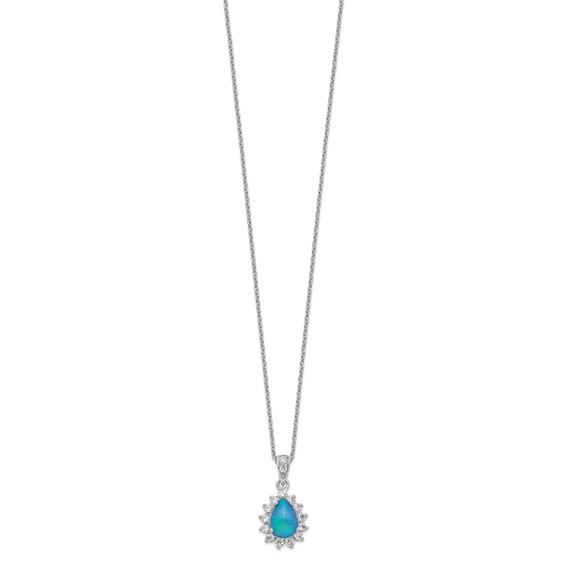 Cheryl M Sterling Silver Rhodium-plated Cabochon Lab Created Blue Opal and Brilliant-cut CZ Pear 18 Inch Necklace