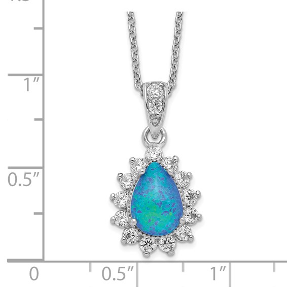 Cheryl M Sterling Silver Rhodium-plated Cabochon Lab Created Blue Opal and Brilliant-cut CZ Pear 18 Inch Necklace