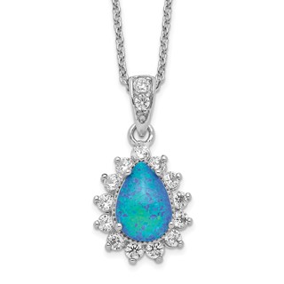 Cheryl M Sterling Silver Rhodium-plated Cabochon Lab Created Blue Opal and Brilliant-cut CZ Pear 18 Inch Necklace
