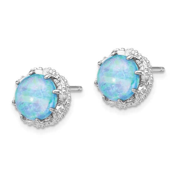 Cheryl M Sterling Silver Rhodium-plated Cabochon Lab Created Blue Opal and Brilliant-cut CZ Post Earrings