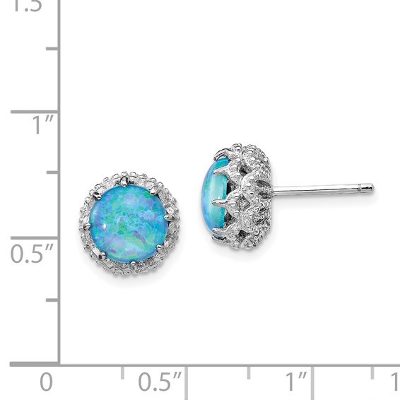 Cheryl M Sterling Silver Rhodium-plated Cabochon Lab Created Blue Opal and Brilliant-cut CZ Post Earrings