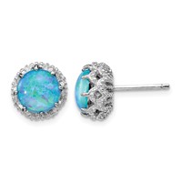 Cheryl M Sterling Silver Rhodium-plated Cabochon Lab Created Blue Opal and Brilliant-cut CZ Post Earrings view 1