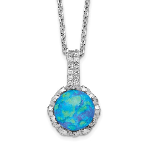 Cheryl M Sterling Silver Rhodium-plated Cabochon Lab Created Blue Opal and Brilliant-cut CZ Necklace, 18.25"