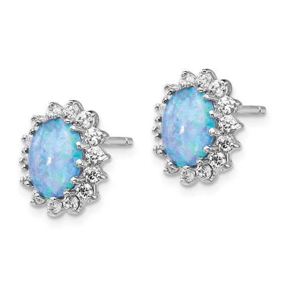 Cheryl M Sterling Silver Rhodium-plated Cabochon Lab Created Blue Opal and Brilliant-cut CZ Post Earrings
