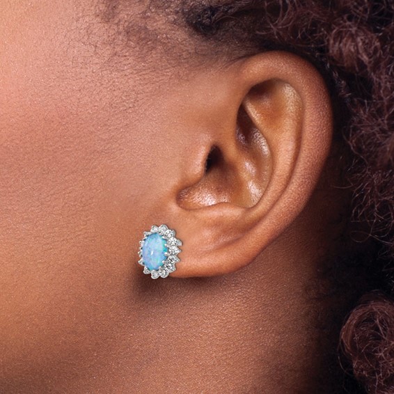 Cheryl M Sterling Silver Rhodium-plated Cabochon Lab Created Blue Opal and Brilliant-cut CZ Post Earrings