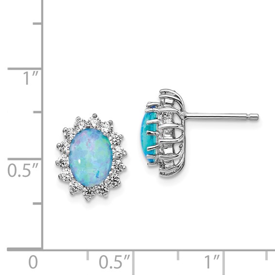 Cheryl M Sterling Silver Rhodium-plated Cabochon Lab Created Blue Opal and Brilliant-cut CZ Post Earrings
