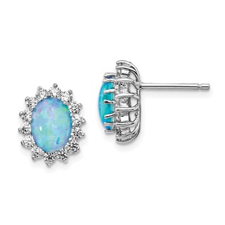 Cheryl M Sterling Silver Rhodium-plated Cabochon Lab Created Blue Opal and Brilliant-cut CZ Post Earrings