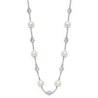 Cheryl M Sterling Silver Rhodium-plated Glass Pearl and Brilliant-cut CZ Bezel Station Necklace, 18.25" view 2