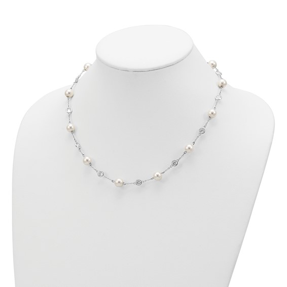 Cheryl M Sterling Silver Rhodium-plated Glass Pearl and Brilliant-cut CZ Bezel Station 18.25 Inch Necklace