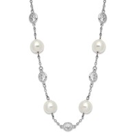 Cheryl M Sterling Silver Rhodium-plated Glass Pearl and Brilliant-cut CZ Bezel Station Necklace, 18.25" view 1