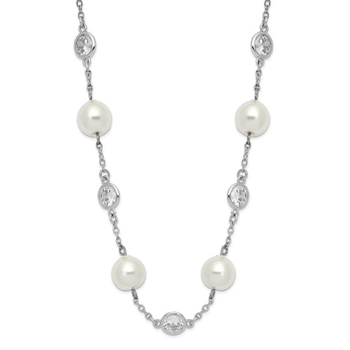 Cheryl M Sterling Silver Rhodium-plated Glass Pearl and Brilliant-cut CZ Bezel Station Necklace, 18.25"