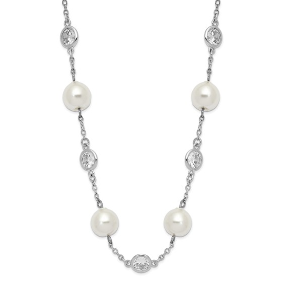 Cheryl M Sterling Silver Rhodium-plated Glass Pearl and Brilliant-cut CZ Bezel Station 18.25 Inch Necklace