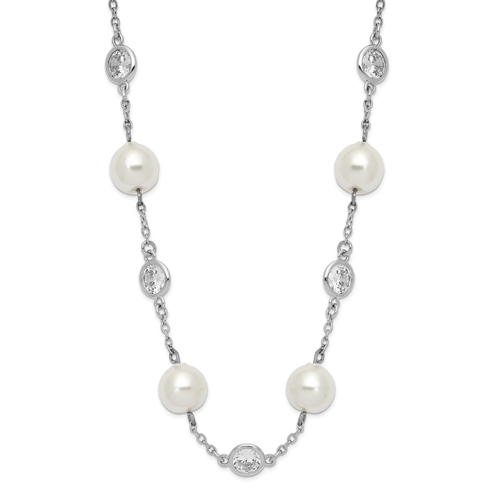 Sterling Silver Cheryl M Rh-p CZ Simulated Pearl Station Necklace