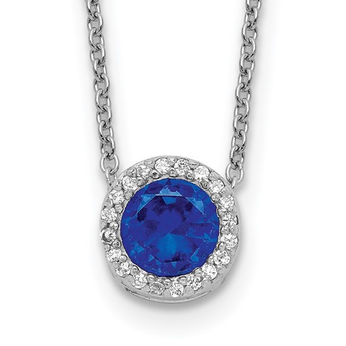 Cheryl M Sterling Silver Rhodium-plated Brilliant-cut Lab Created Dark Blue Spinel and Brilliant-cut White CZ Round Halo Necklace, 18.25"