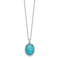 Cheryl M Sterling Silver Rhodium-plated Cabochon Lab Created Blue Opal and Brilliant-cut CZ Oval Necklace, 18.5" view 2