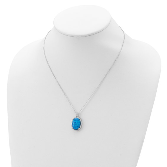 Cheryl M Sterling Silver Rhodium-plated Cabochon Lab Created Blue Opal and Brilliant-cut CZ Oval 18.5 Inch Necklace