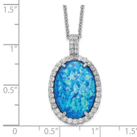 Cheryl M Sterling Silver Rhodium-plated Cabochon Lab Created Blue Opal and Brilliant-cut CZ Oval 18.5 Inch Necklace