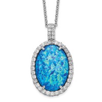 Cheryl M Sterling Silver Rhodium-plated Cabochon Lab Created Blue Opal and Brilliant-cut CZ Oval Necklace, 18.5" view 1