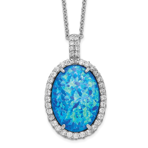 Cheryl M Sterling Silver Rhodium-plated Cabochon Lab Created Blue Opal and Brilliant-cut CZ Oval Necklace, 18.5"