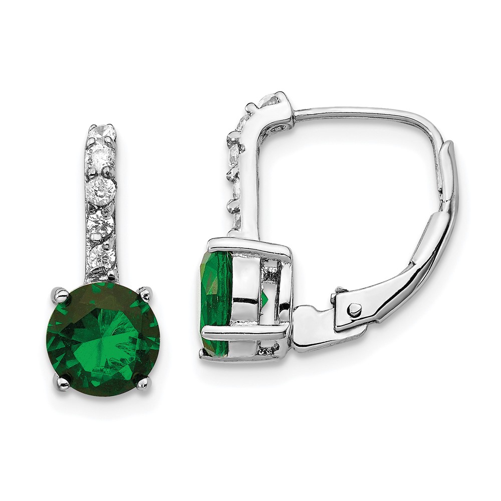 Sterling Silver Cheryl M Rh-p CZ Green Glass Leverback Earrings