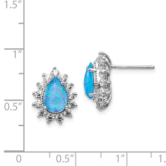 Cheryl M Sterling Silver Rhodium-plated Cabochon Lab Created Blue Opal and Brilliant-cut CZ Teardrop Shaped Post Earrings