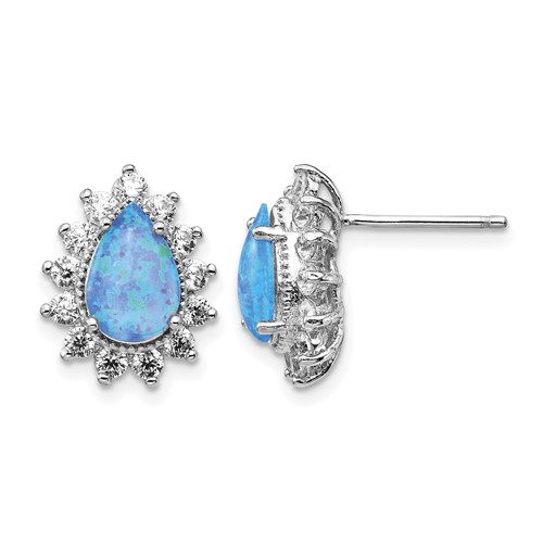 Cheryl M Sterling Silver Rhodium-plated Cabochon Lab Created Blue Opal and Brilliant-cut CZ Teardrop Shaped Post Earrings