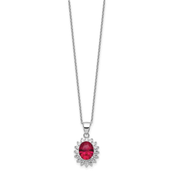 Cheryl M Sterling Silver Rhodium-plated Brilliant-cut Lab Created Ruby and Brilliant-cut White CZ Oval Halo 18.25 Inch Necklace