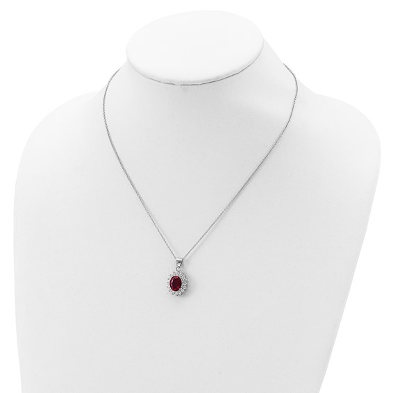Cheryl M Sterling Silver Rhodium-plated Brilliant-cut Lab Created Ruby and Brilliant-cut White CZ Oval Halo 18.25 Inch Necklace