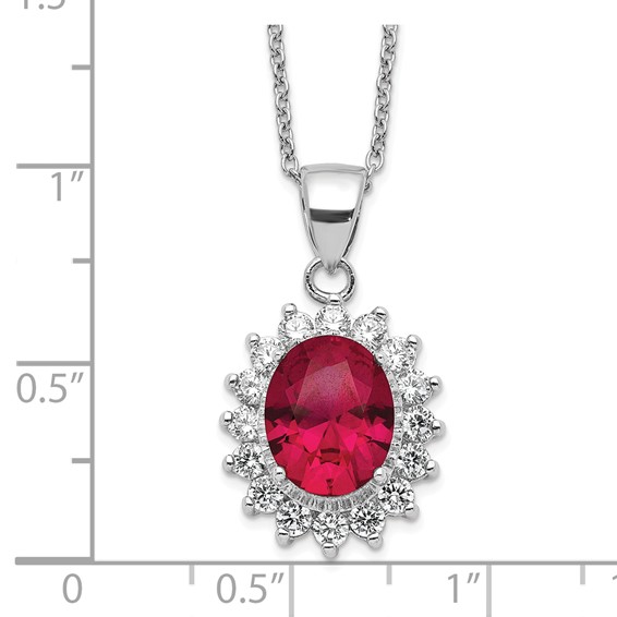 Cheryl M Sterling Silver Rhodium-plated Brilliant-cut Lab Created Ruby and Brilliant-cut White CZ Oval Halo 18.25 Inch Necklace