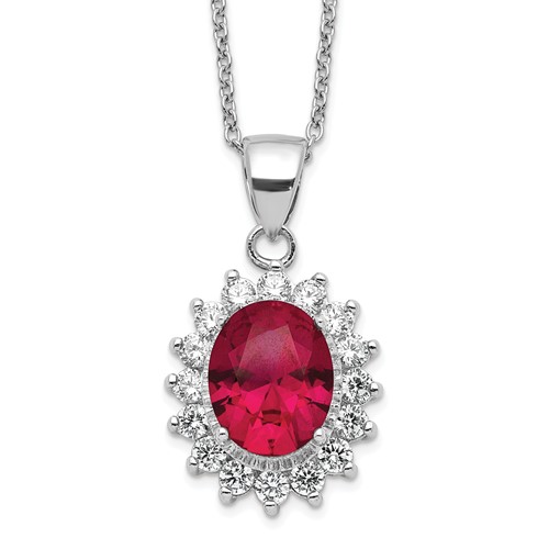 Cheryl M Sterling Silver Rhodium-plated Brilliant-cut Lab Created Ruby and Brilliant-cut White CZ Oval Halo Necklace, 18.25"
