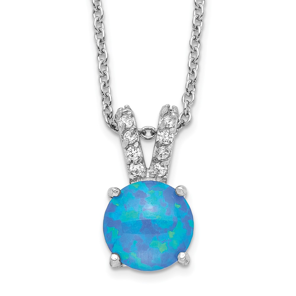 Sterling Silver Cheryl M Rhodium-plated CZ and Created Blue Opal Necklace