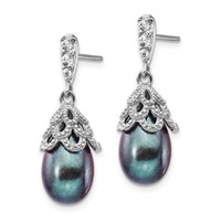 Cheryl M Sterling Silver Rhodium-plated Black Teardrop Freshwater Cultured Pearl and Brilliant-cut CZ Post Dangle Earrings view 2