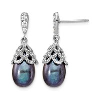 Cheryl M Sterling Silver Rhodium-plated Black Teardrop Freshwater Cultured Pearl and Brilliant-cut CZ Post Dangle Earrings view 1