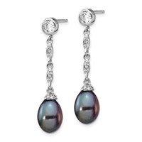Cheryl M Sterling Silver Rhodium-plated Black Teardrop Freshwater Cultured Pearl and Brilliant-cut CZ Bezel Post Dangle Earrings view 2