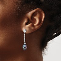 Cheryl M Sterling Silver Rhodium-plated Black Teardrop Freshwater Cultured Pearl and Brilliant-cut CZ Bezel Post Dangle Earrings view 3