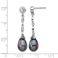 Cheryl M Sterling Silver Rhodium-plated Black Teardrop Freshwater Cultured Pearl and Brilliant-cut CZ Bezel Post Dangle Earrings view 4