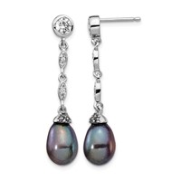 Cheryl M Sterling Silver Rhodium-plated Black Teardrop Freshwater Cultured Pearl and Brilliant-cut CZ Bezel Post Dangle Earrings view 1