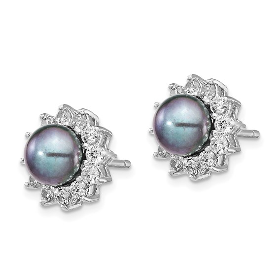 Cheryl M Sterling Silver Rhodium-plated Black Freshwater Cultured Pearl and Brilliant-cut CZ Post Earrings