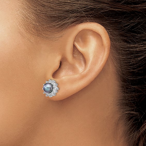 Cheryl M Sterling Silver Rhodium-plated Black Freshwater Cultured Pearl and Brilliant-cut CZ Post Earrings