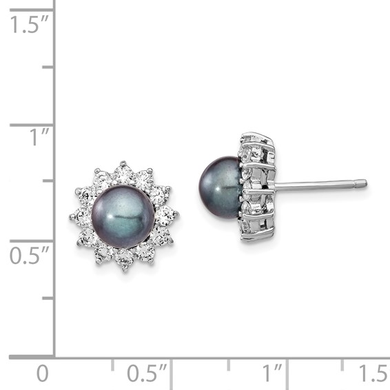 Cheryl M Sterling Silver Rhodium-plated Black Freshwater Cultured Pearl and Brilliant-cut CZ Post Earrings