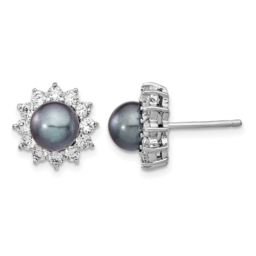 Cheryl M Sterling Silver Rhodium-plated Black Freshwater Cultured Pearl and Brilliant-cut CZ Post Earrings