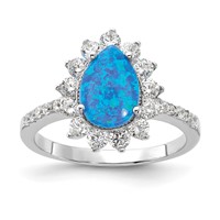 Cheryl M Sterling Silver Rhodium-plated Cabochon Lab Created Blue Opal and Brilliant-cut CZ Teardrop Shaped Ring view 1
