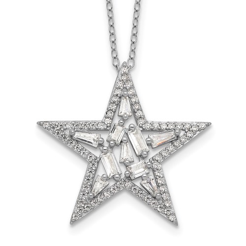 Cheryl M Sterling Silver Rhodium-plated Brilliant-cut Tapered Baguette-cut and Emerald-cut CZ Star Necklace, 18"