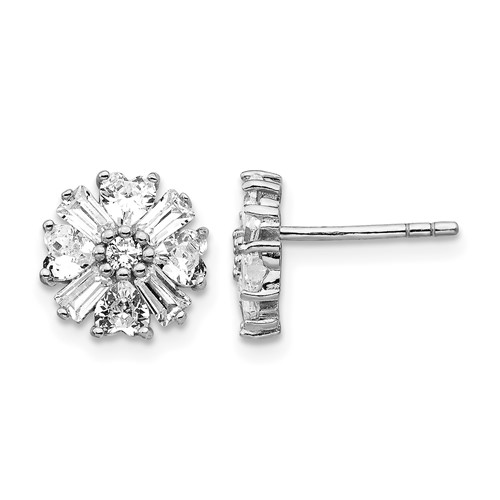 Cheryl M Sterling Silver Rhodium-plated Emerald-cut and Brilliant-cut CZ Cluster Post Earrings