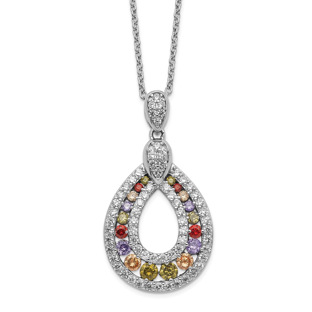 Sterling Silver Cheryl M Rhodium-plated Multicolor CZ Teardrop Necklace