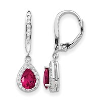 Cheryl M Sterling Silver Rhodium-plated Brilliant-cut Lab Created Ruby and Brilliant-cut White CZ Teardrop Leverback Dangle Earrings view 1