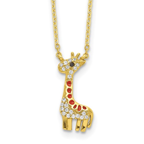Cheryl M Sterling Silver Gold-plated Enameled and Brilliant-cut Black and White CZ Giraffe Necklace, 18.25"