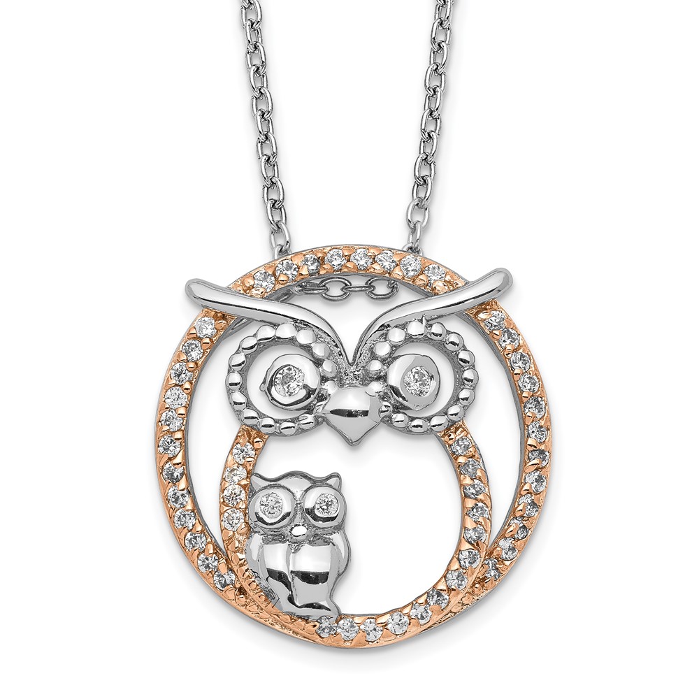 Sterling Silver Cheryl M Rh-p Rose Gold-plated CZ Owl Necklace